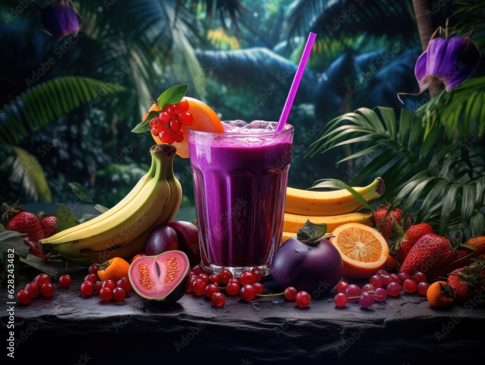 Berries smoothie on tropical background