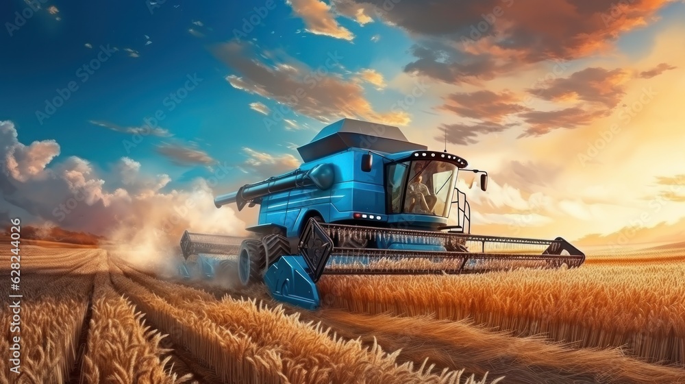 Combine harvester in a wheat field