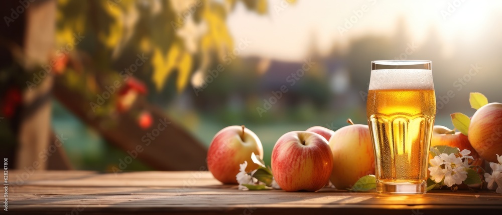 Apple cider on table with apples