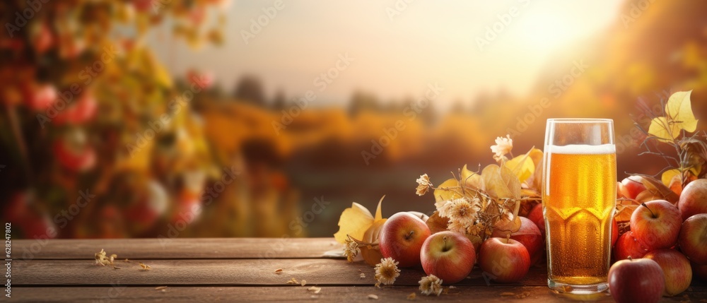 Apple cider on table with apples