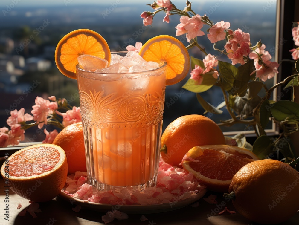 Citrus smoothie drink on tropical background