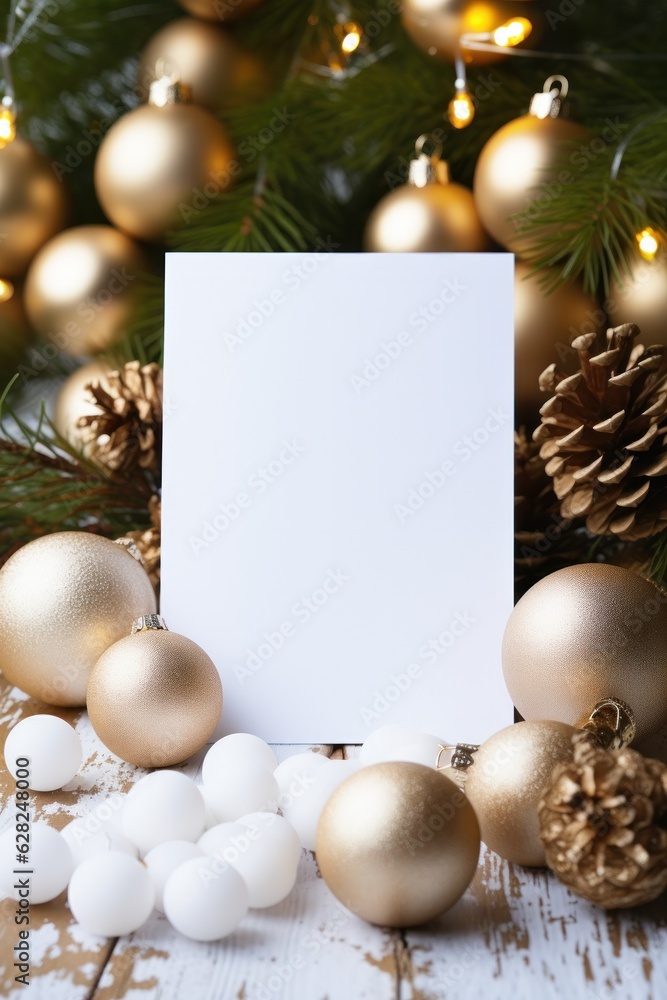 Blank white greeting card mockup, beautiful background decorated for christmas