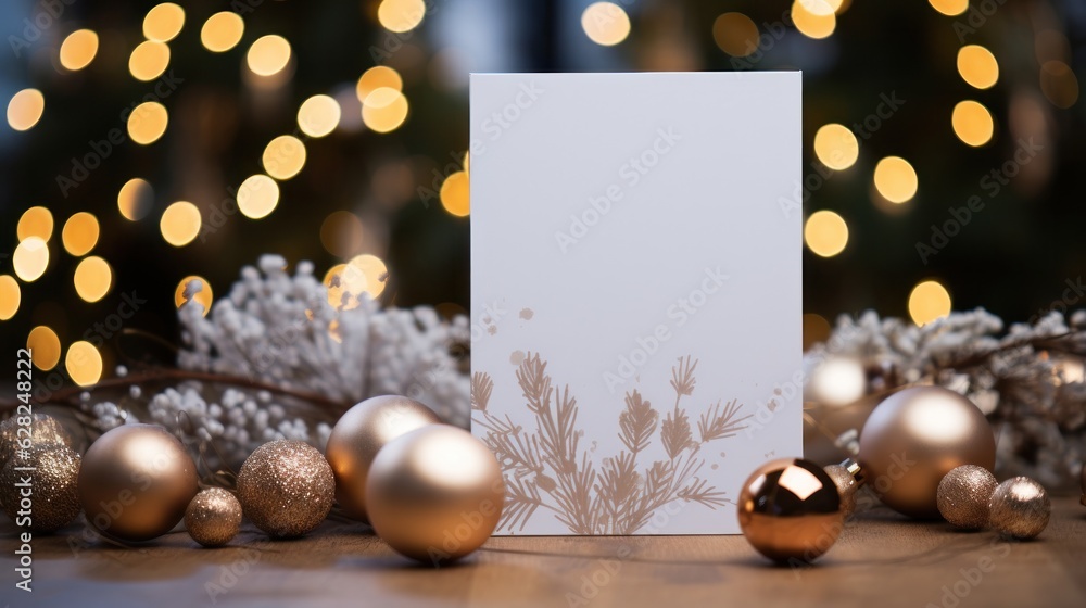 Blank white greeting card mockup, beautiful background decorated for christmas