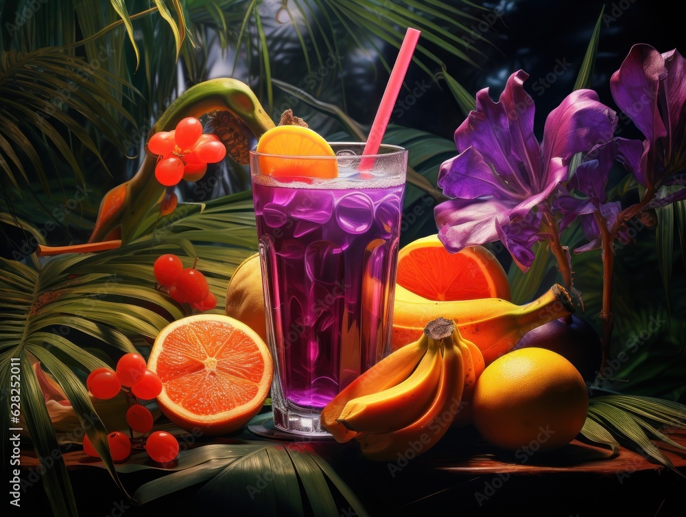 Berries smoothie on tropical background