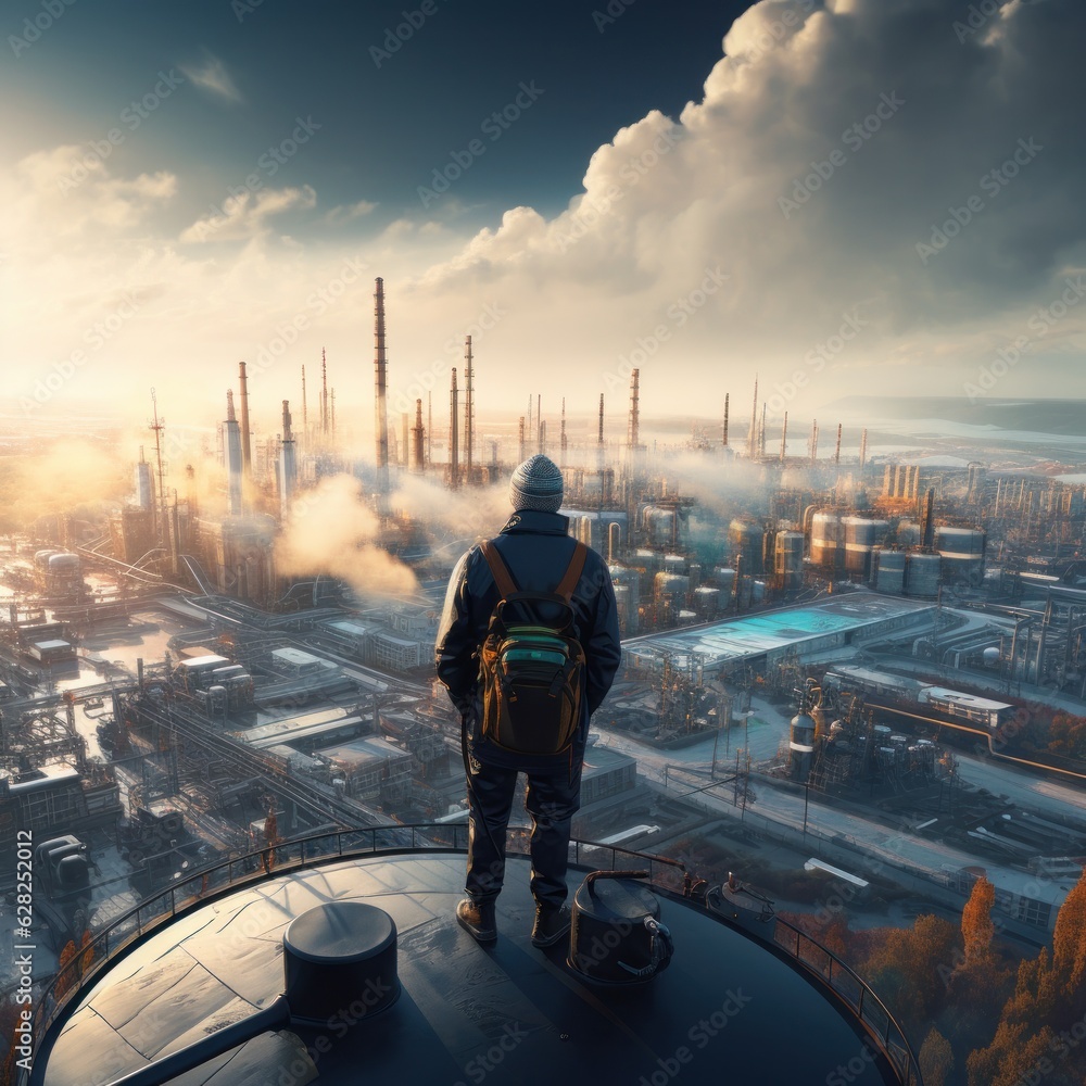 A worker stands on a tower overlooking the sunset