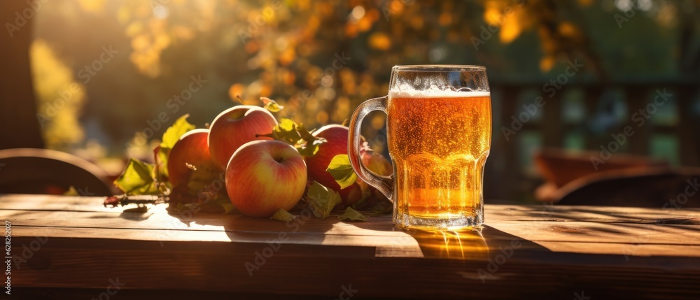 Apple cider on table with apples