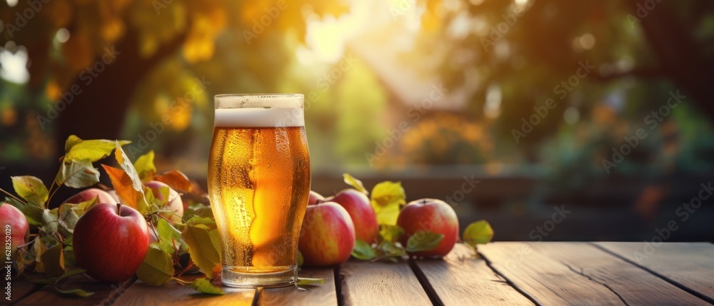 Apple cider on table with apples