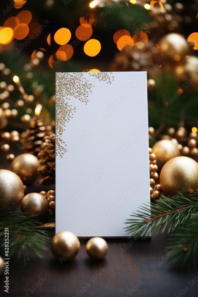 Blank white greeting card mockup, beautiful background decorated for christmas