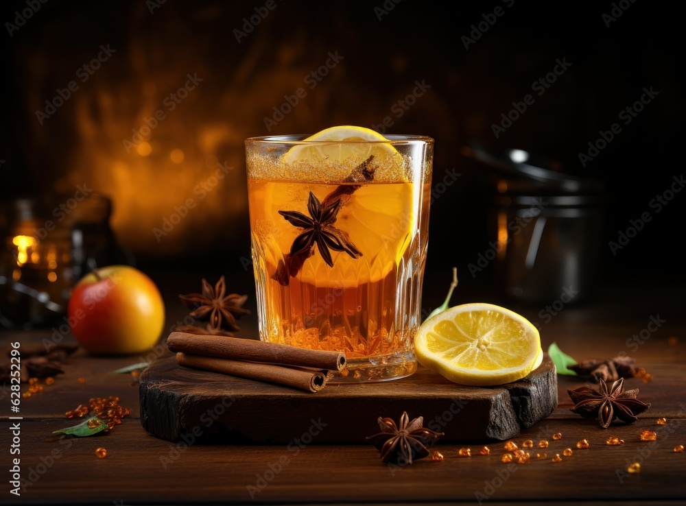 A glass of cider on wooden table with spices