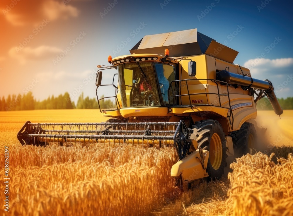 Combine harvester in a wheat field