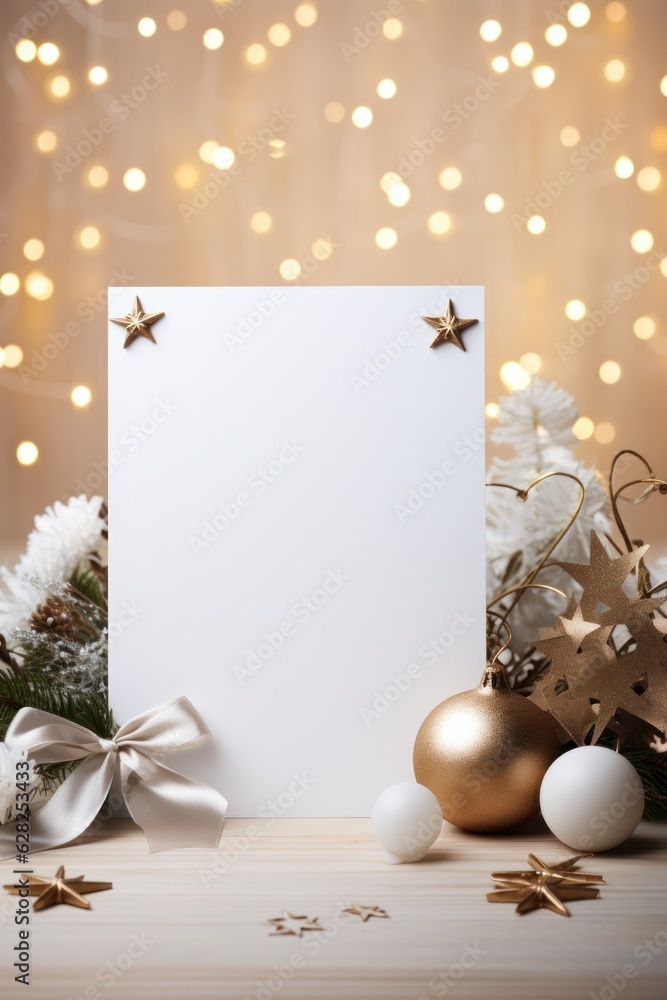 Blank white greeting card mockup, beautiful background decorated for christmas