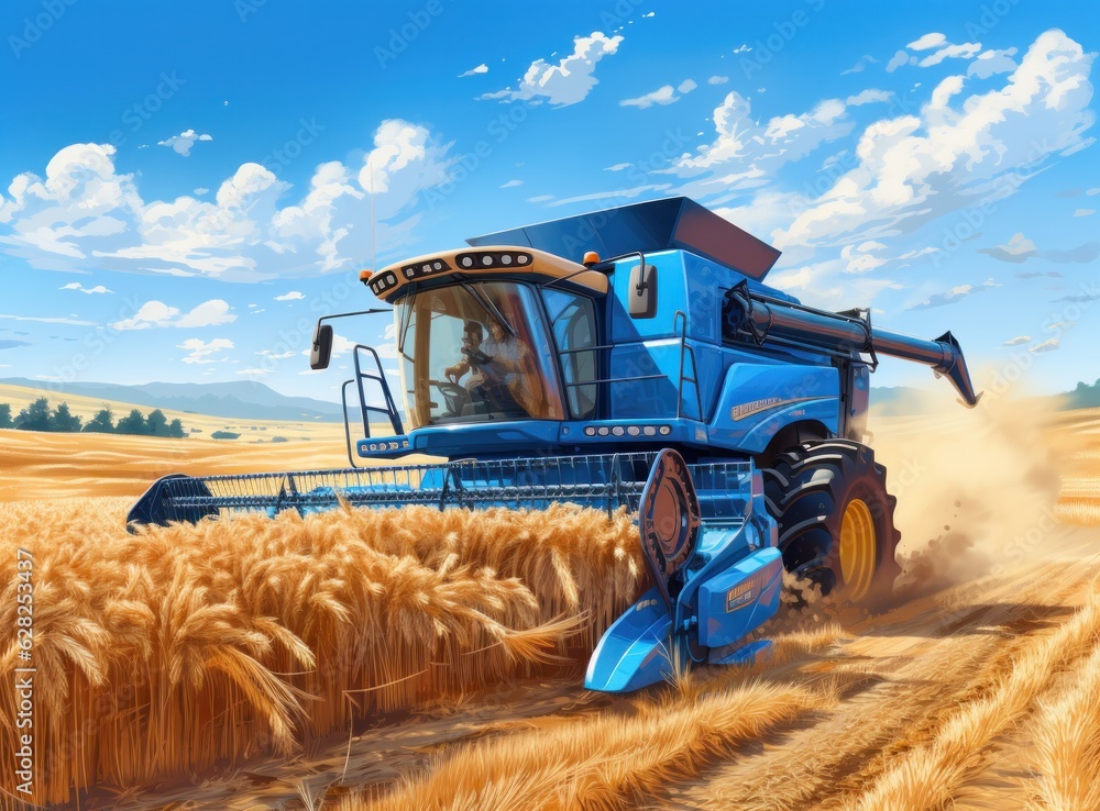 Combine harvester in a wheat field