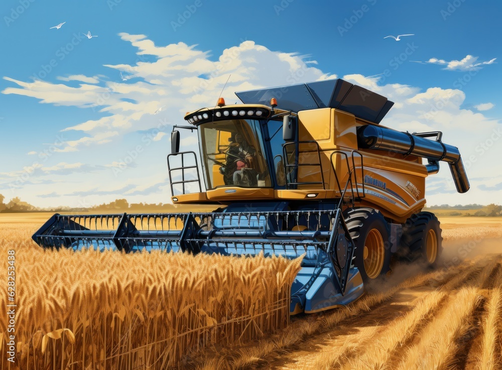 Combine harvester in a wheat field