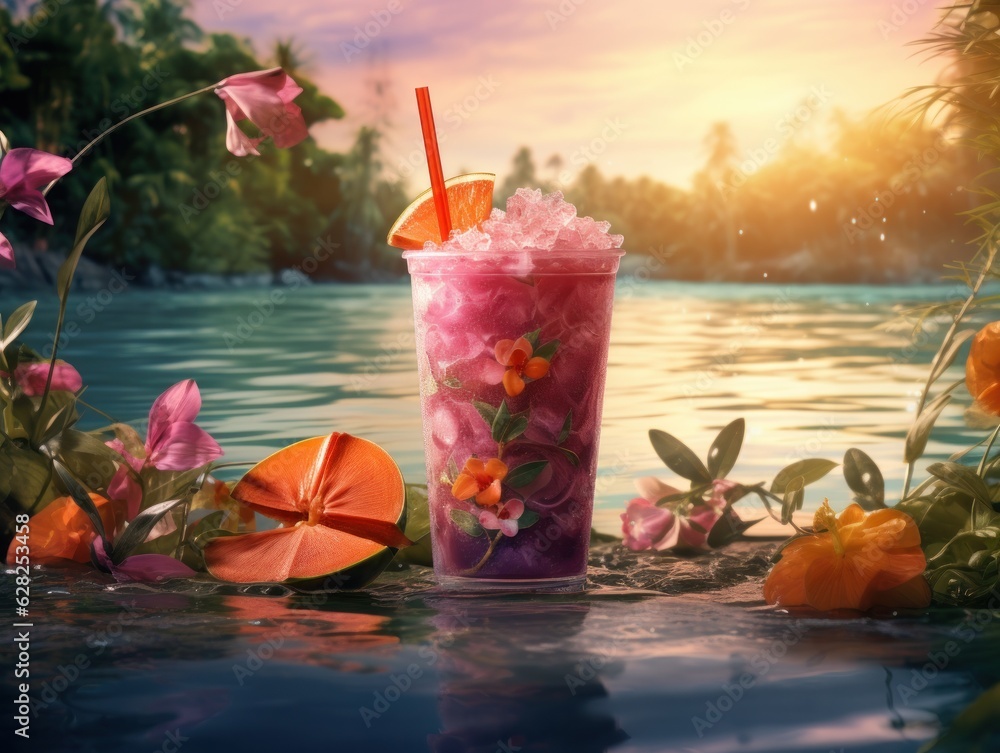 Berries smoothie on tropical background