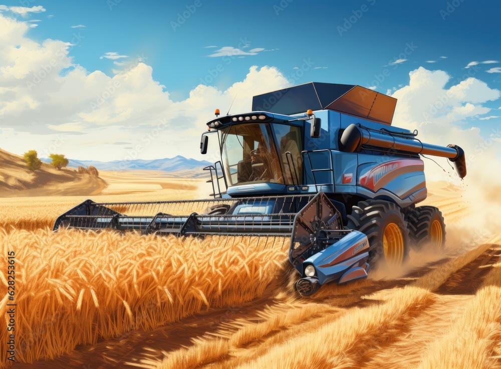 Combine harvester in a wheat field