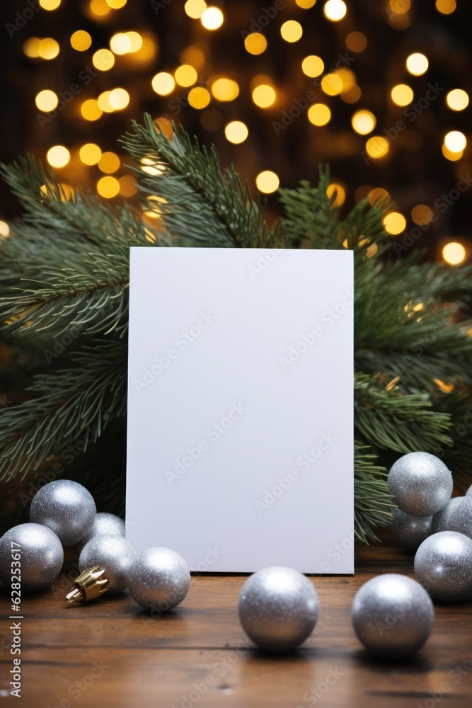 Blank white greeting card mockup, beautiful background decorated for christmas