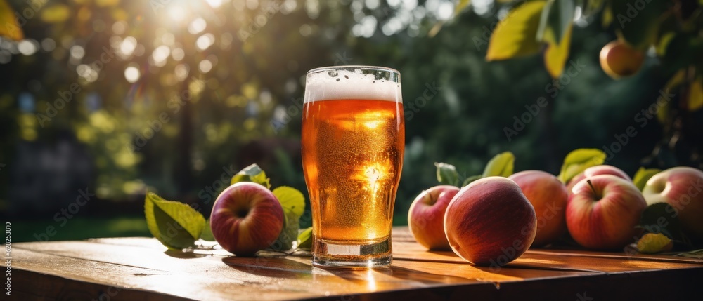 Apple cider on table with apples