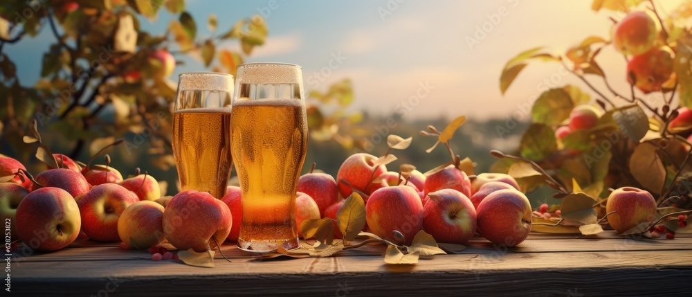 Apple cider on table with apples