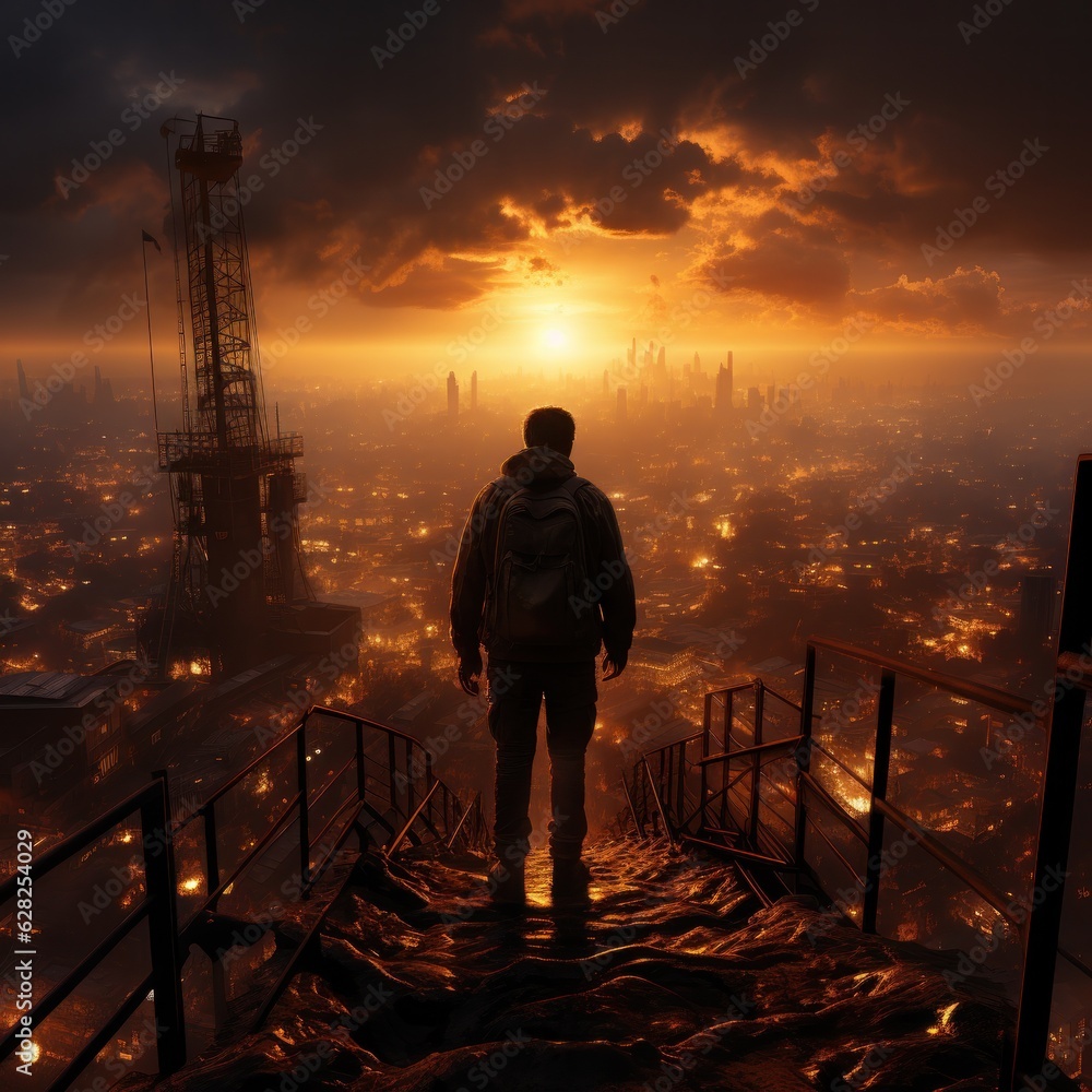 A worker stands on a tower overlooking the sunset