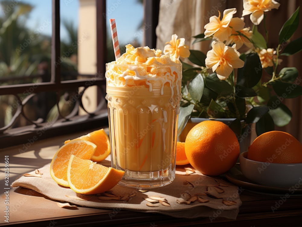 Citrus smoothie drink on tropical background