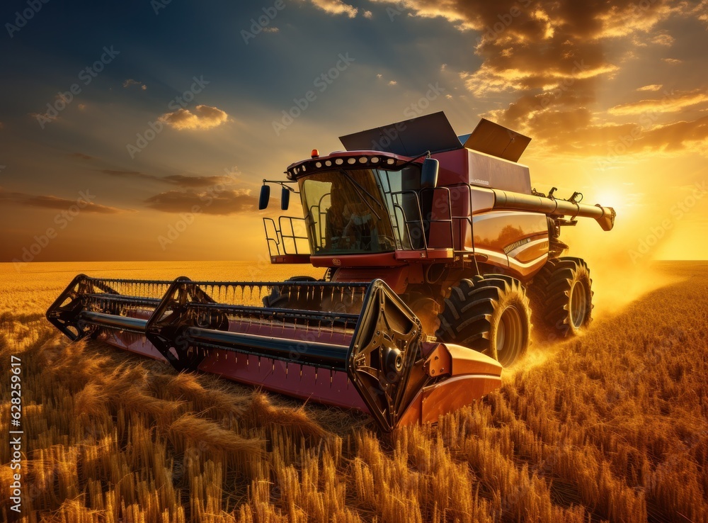 Combine harvester in a wheat field