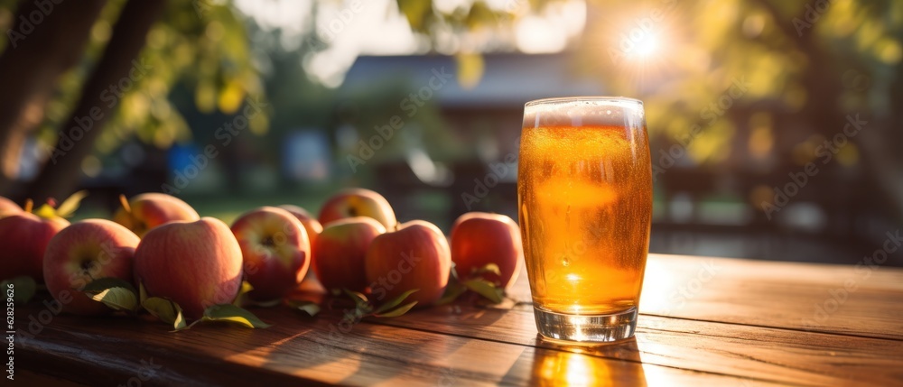 Apple cider on table with apples