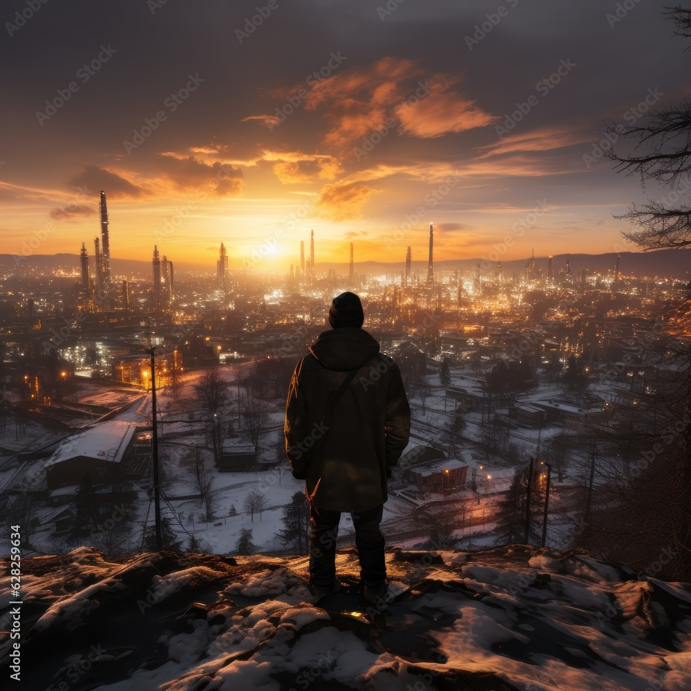 A worker stands on a tower overlooking the sunset