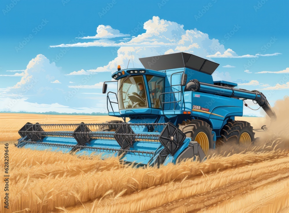 Combine harvester in a wheat field