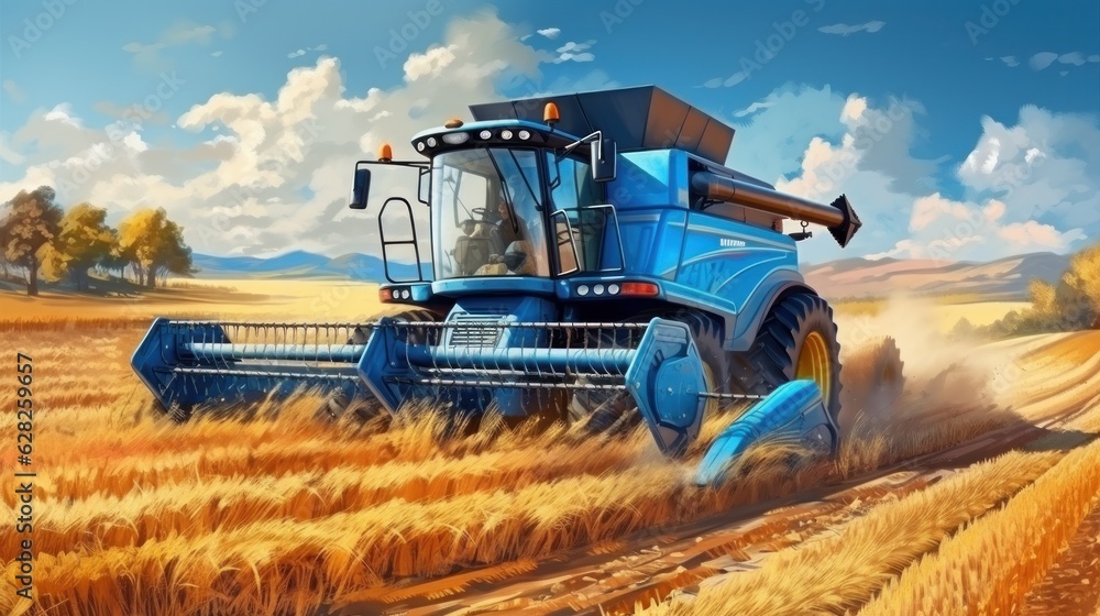 Combine harvester in a wheat field