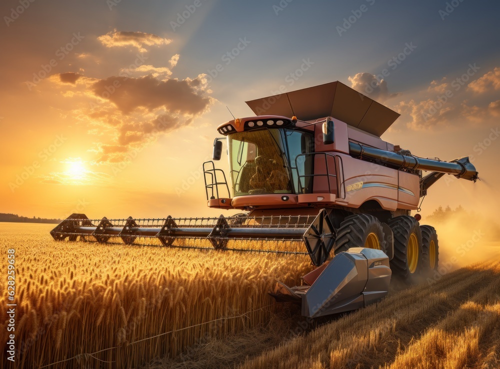 Combine harvester in a wheat field