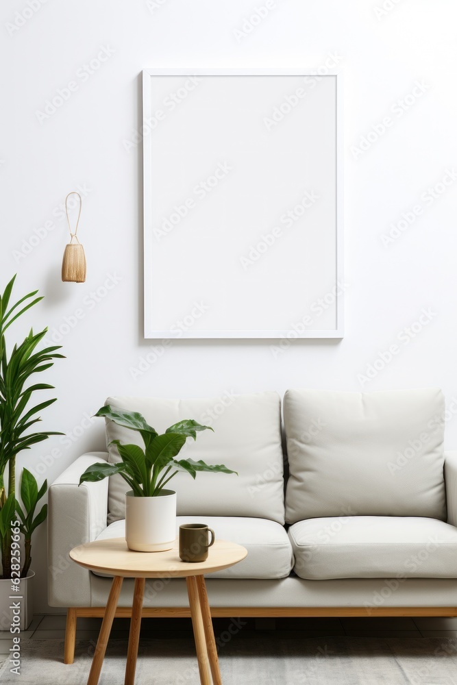 Blank picture frame mockup on white wall Modern minimalist living room