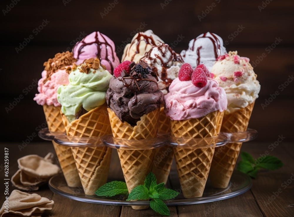 ice cream cones with mixed flavors