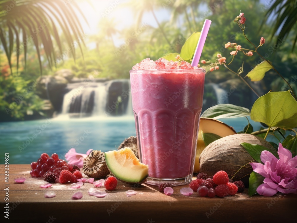 Berries smoothie on tropical background