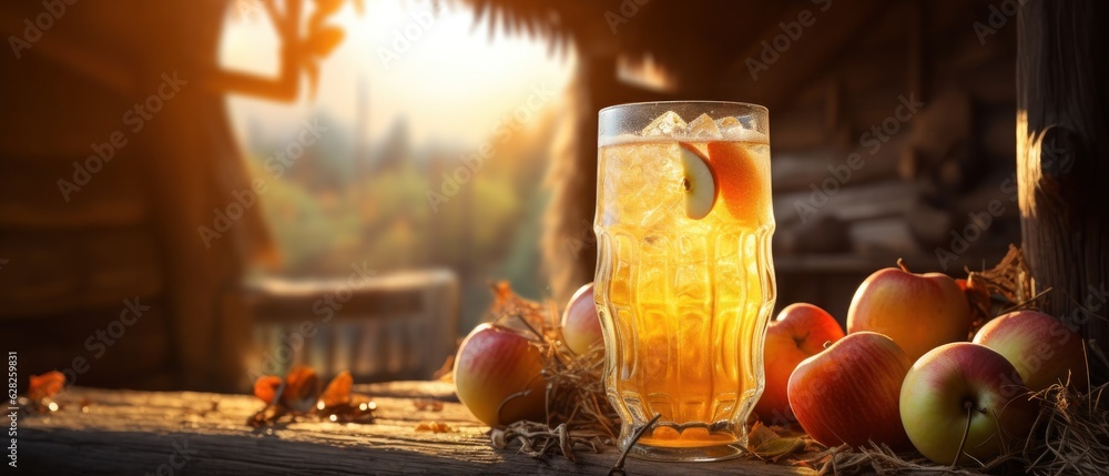 A glass of cider on wooden table with spices