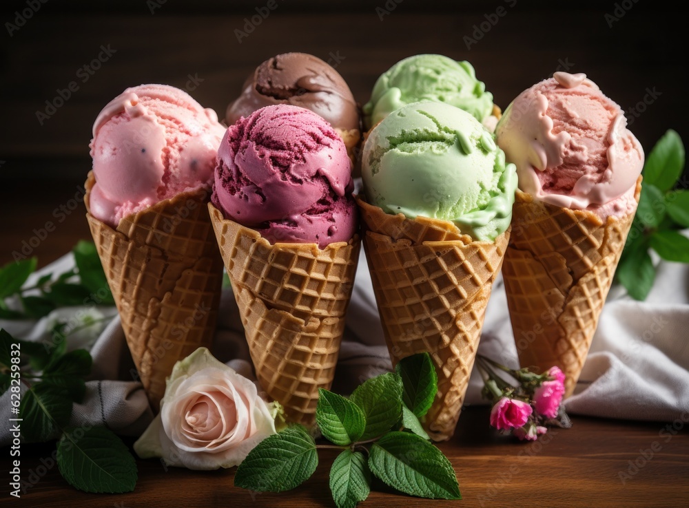 ice cream cones with mixed flavors