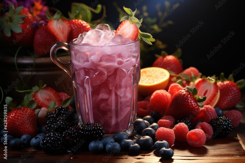 Berries smoothie on tropical background