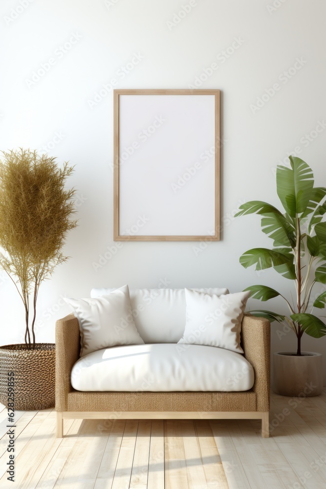 Blank picture frame mockup on white wall Modern minimalist living room