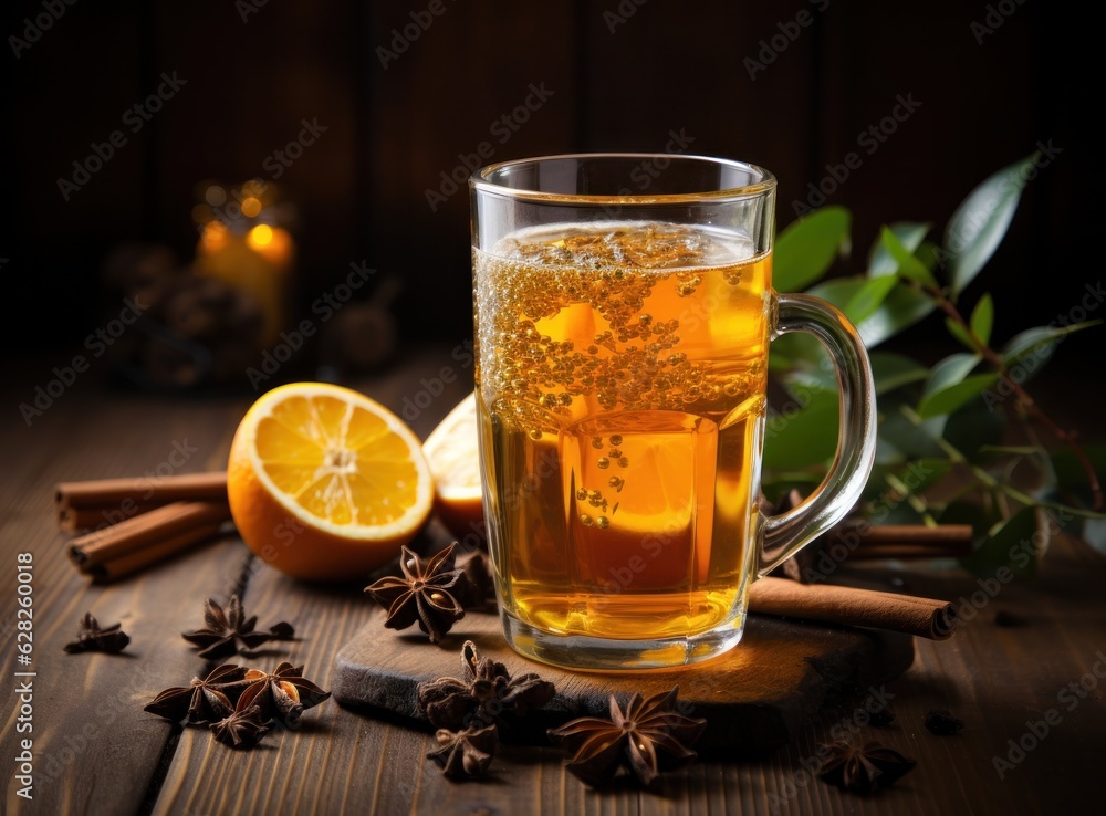 A glass of cider on wooden table with spices