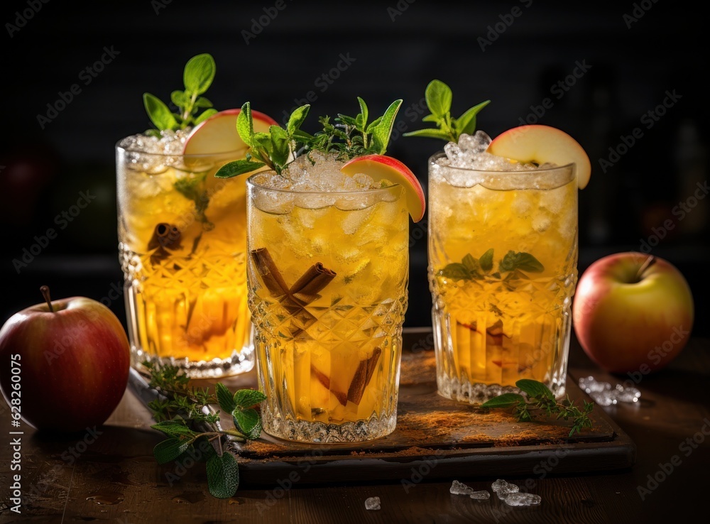 A glass of cider on wooden table with spices