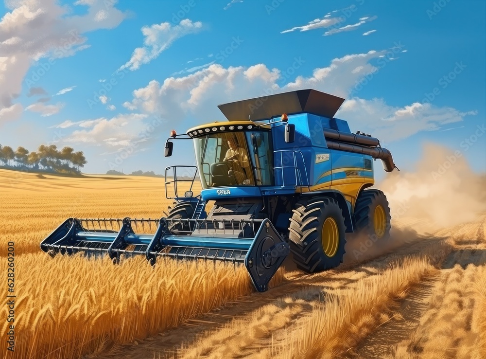 Combine harvester in a wheat field