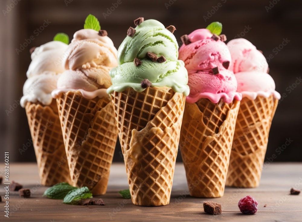 ice cream cones with mixed flavors