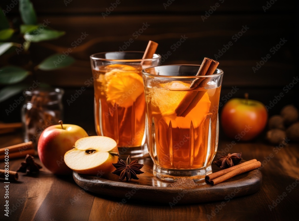 A glass of cider on wooden table with spices