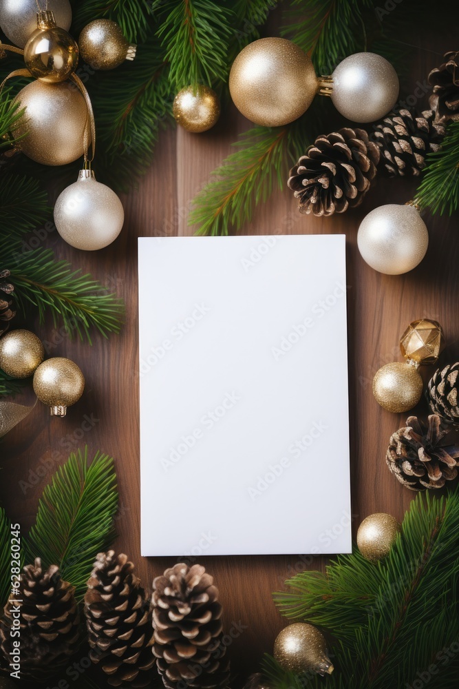 Blank white greeting card mockup, beautiful background decorated for christmas