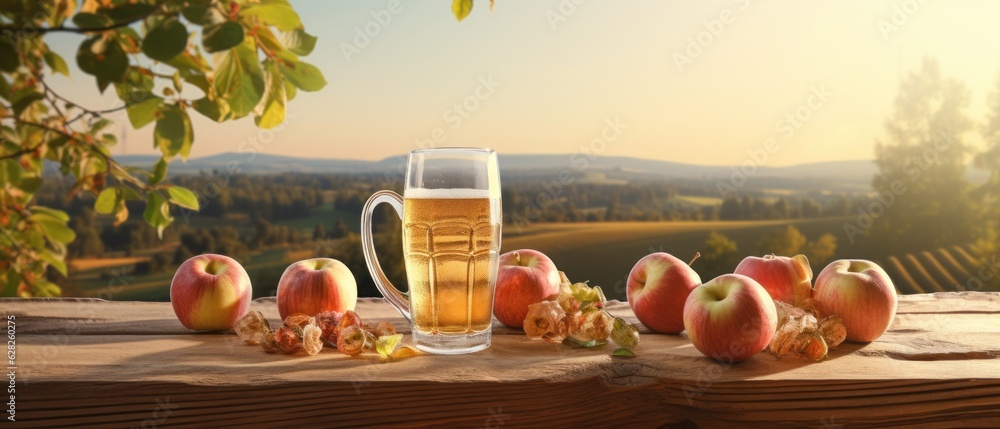 Apple cider on table with apples