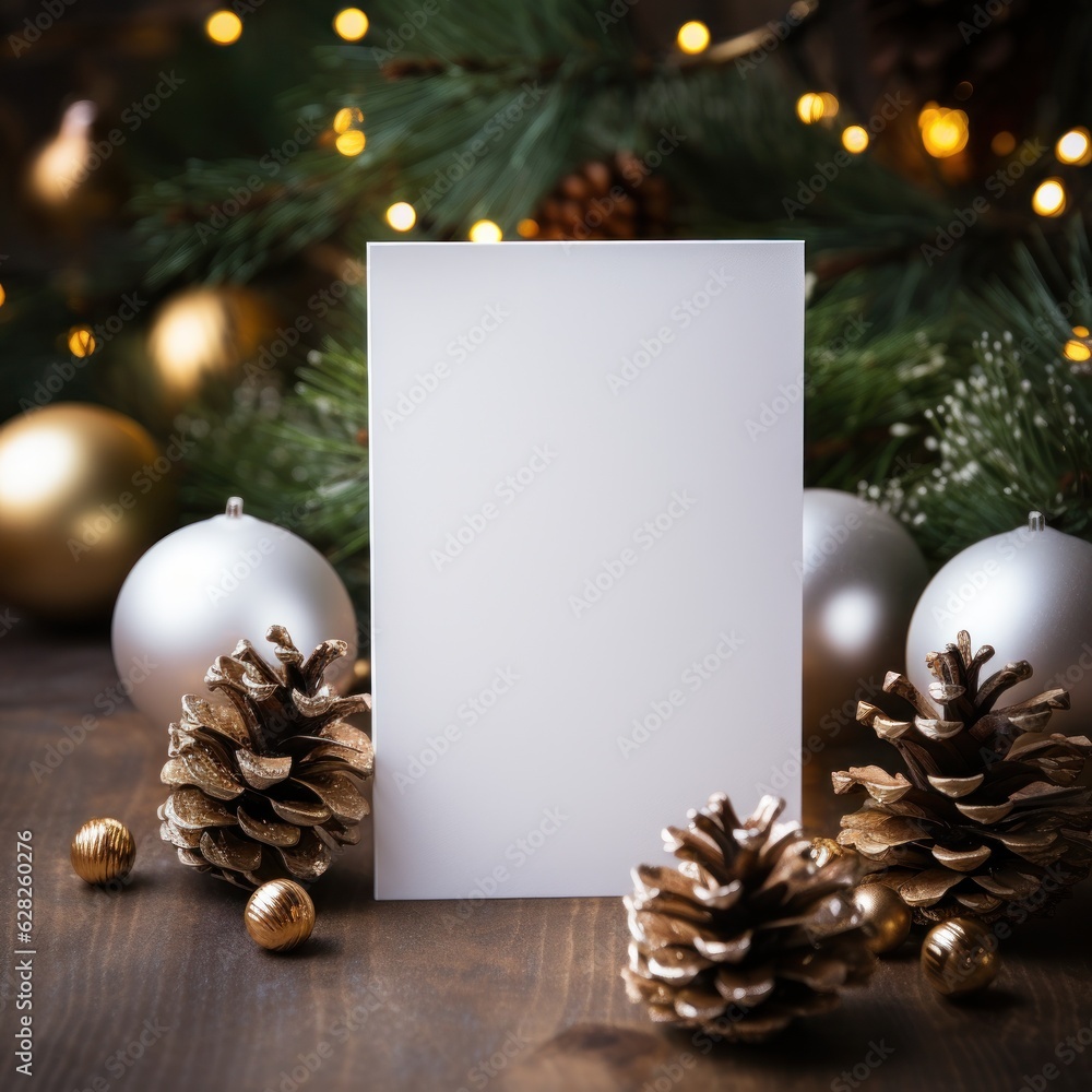 Blank white greeting card mockup, beautiful background decorated for christmas