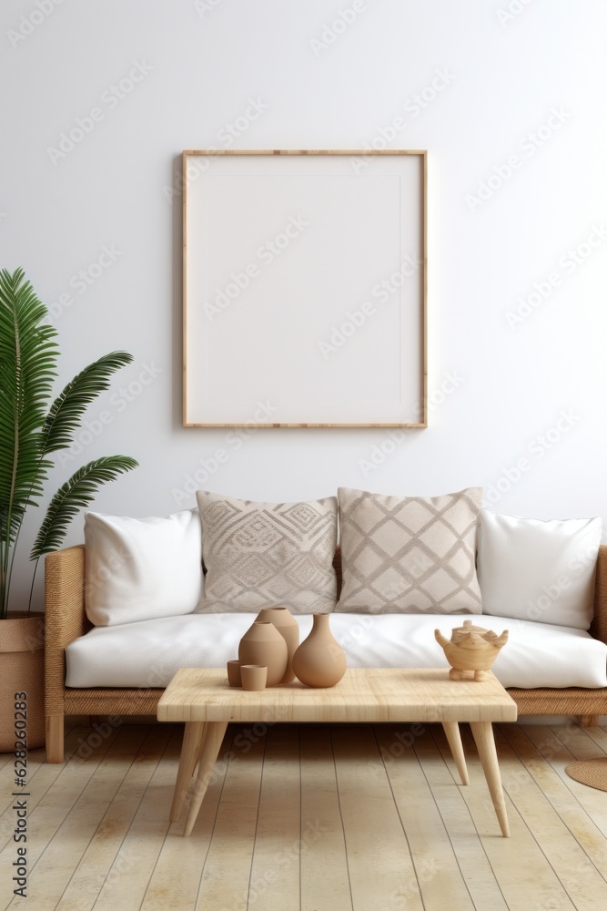 Blank picture frame mockup on white wall Modern minimalist living room