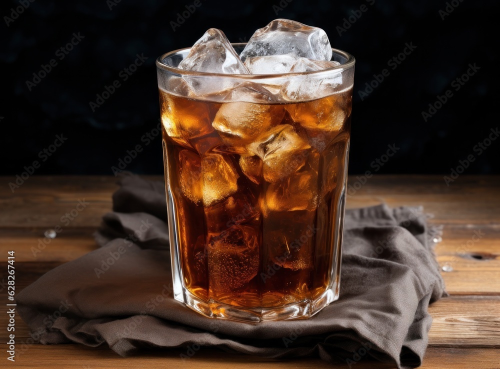 An ice cola in a glass on a sack table