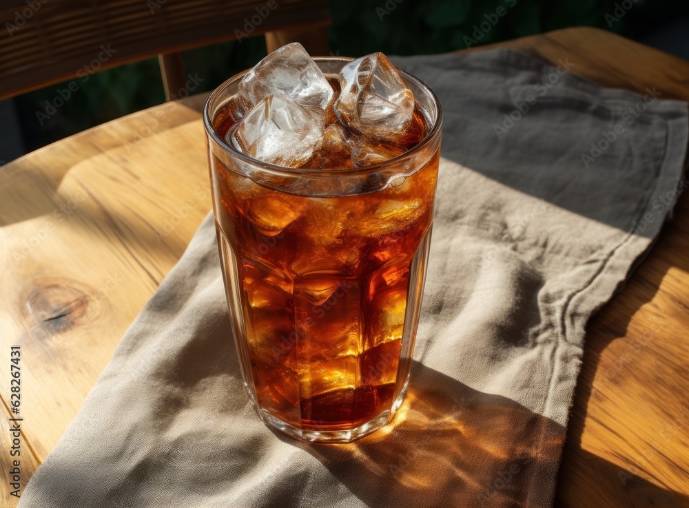 An ice cola in a glass on a sack table