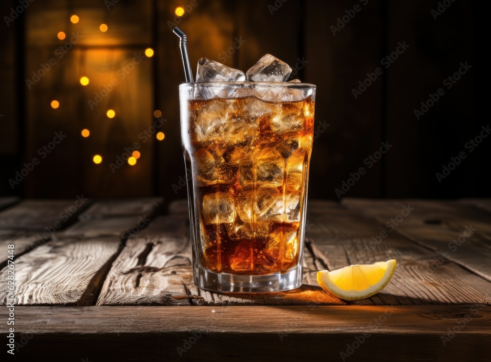 An ice cola in a glass on a sack table