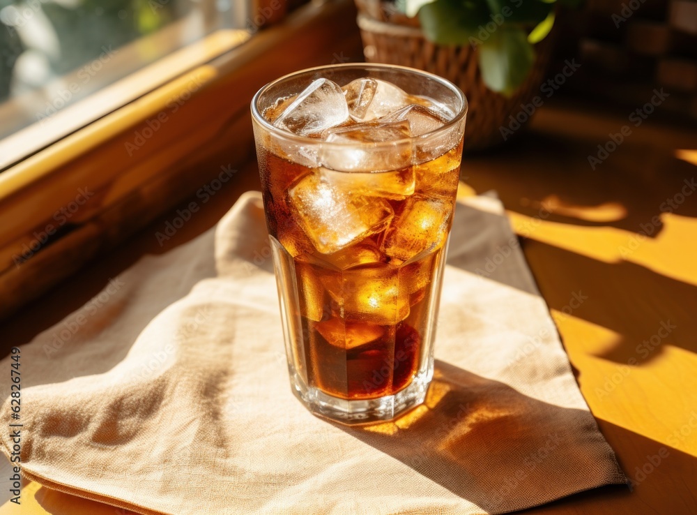 An ice cola in a glass on a sack table